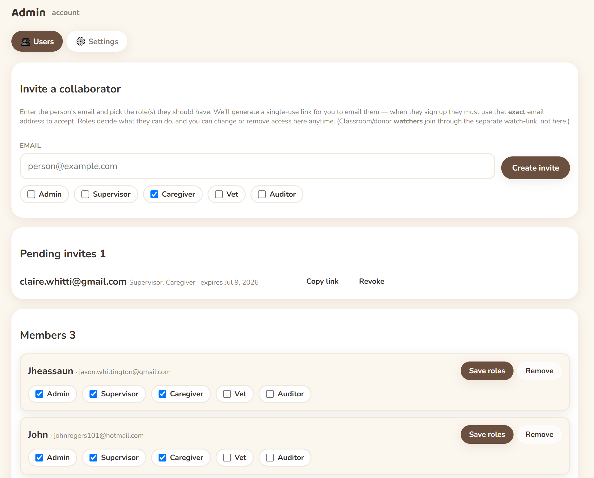 Invite a collaborator with role checkboxes