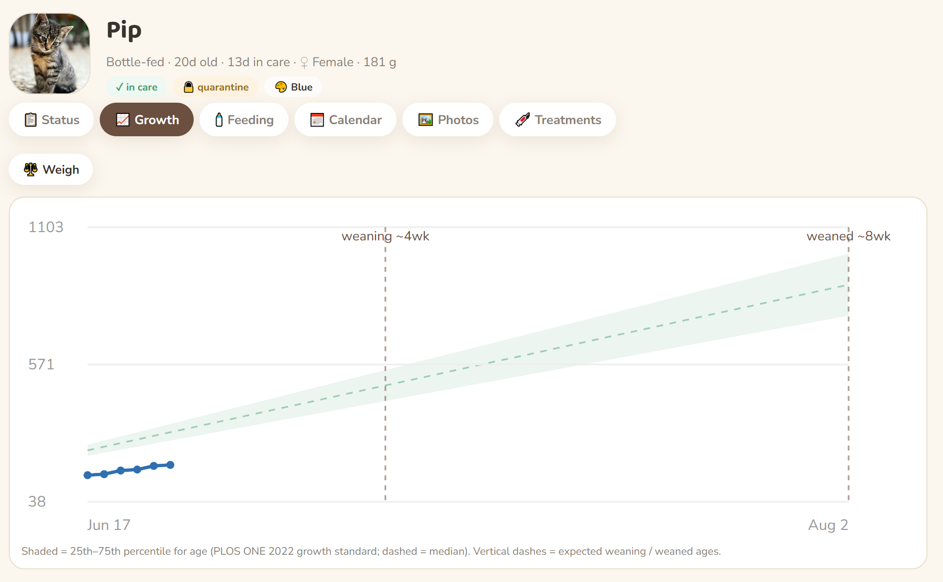 A kitten's weight plotted against the percentile growth band