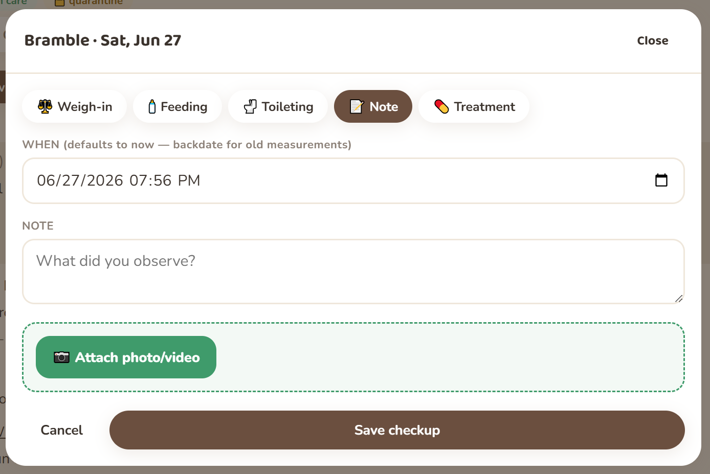 The new-checkup sheet with note and attach-photo/video